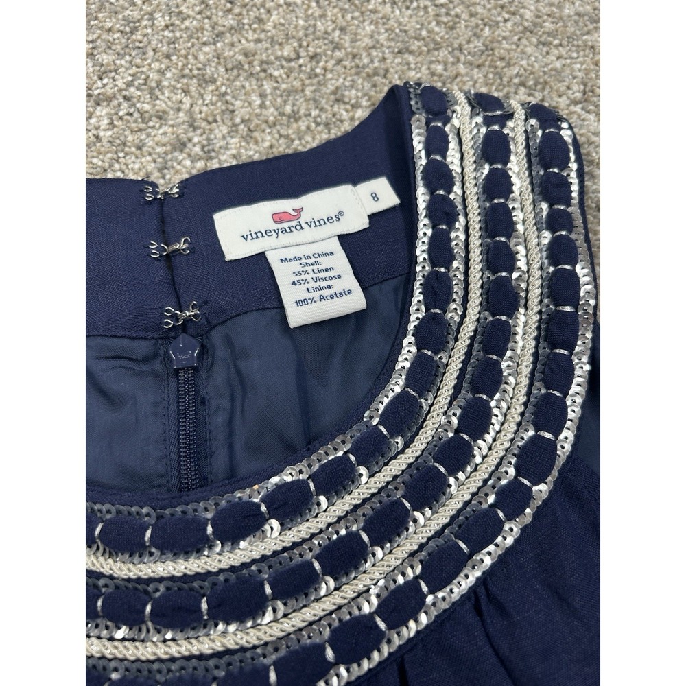 VINEYARD VINES ~ Size 8 ~ Navy SEQUIN EMBELLISHED Linen Blend SHIFT Dress #0028